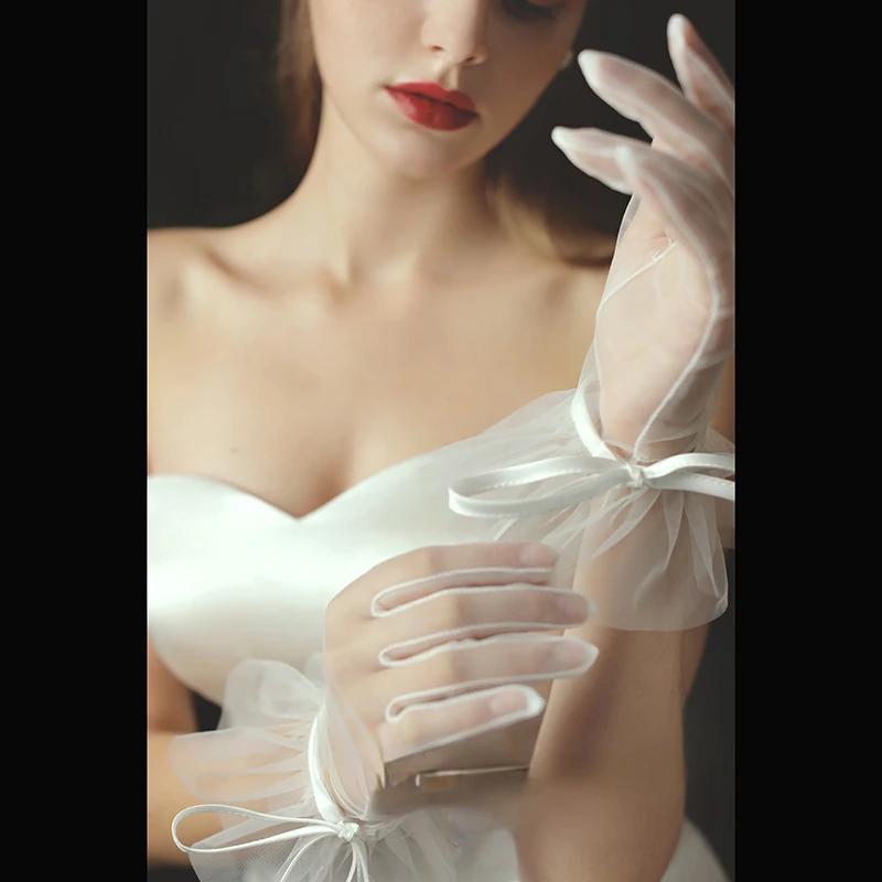 New Bridal Wedding Dress Gloves Short Internet Celebrity Ribbon Bowknot Tulle Gloves